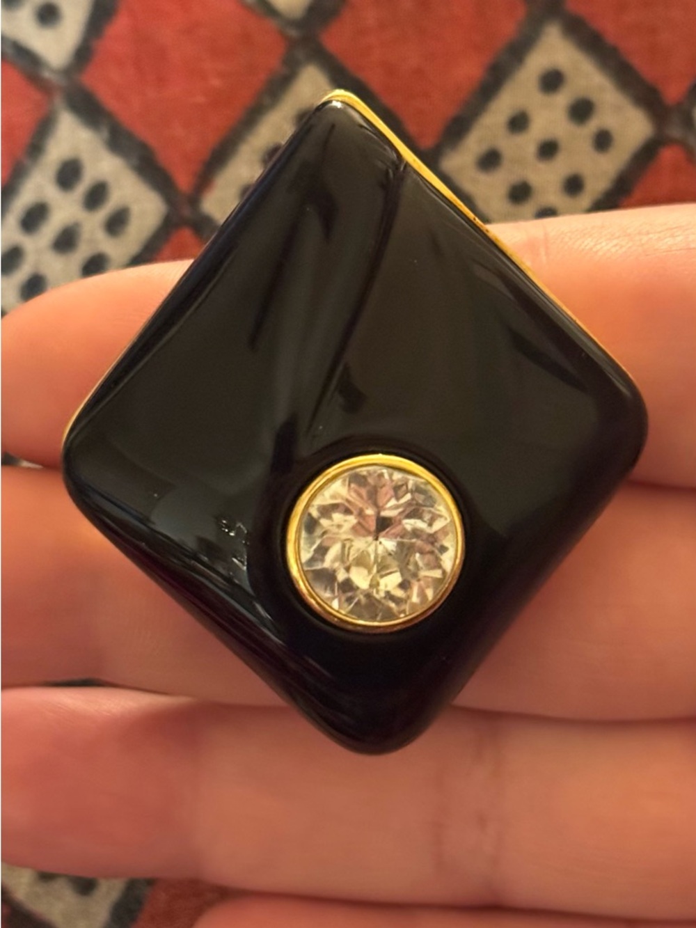 Black Diamond Lucite VTG Italian Earrings with Clear Crystal and Gold Trim - Picture 11 of 13